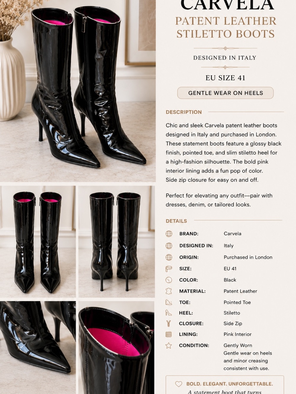 Carvela Black Patent Stiletto Boots with Pink Lining